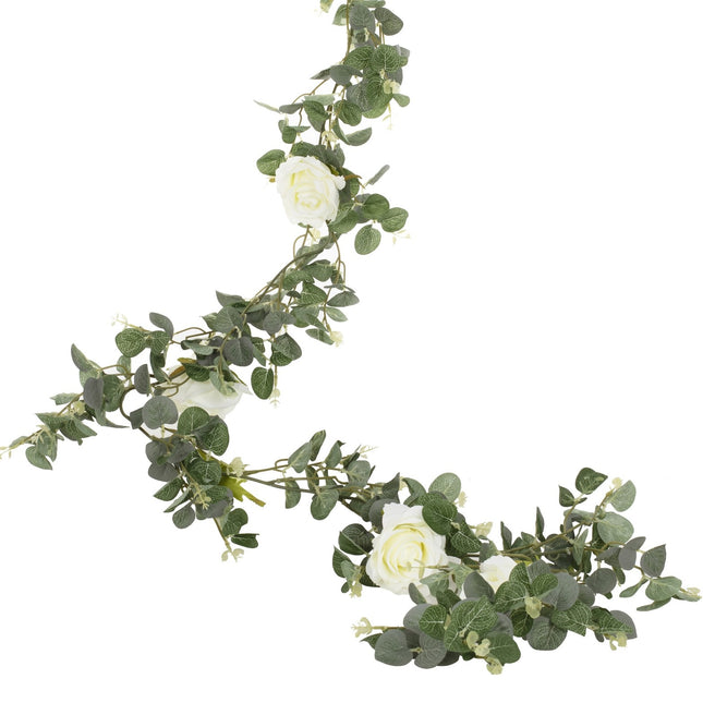 Guirlande de fleurs Eucalyptus & Roses blanches 2m