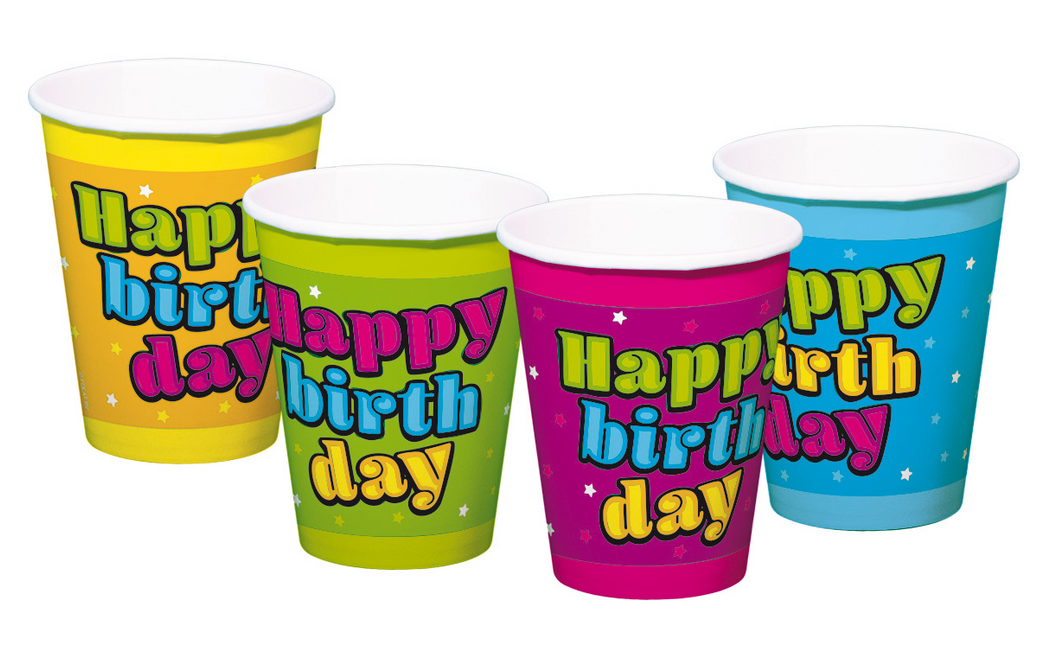 Gobelets Happy Birthday colorés 250ml 8pcs