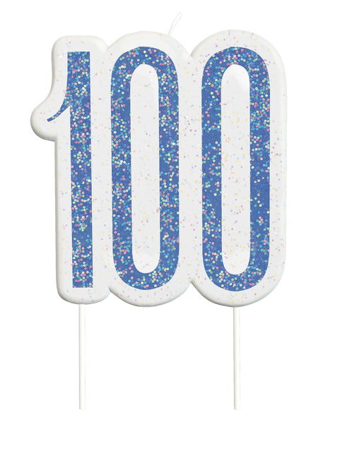 Bougie 100 ans bleu pailleté 8.5cm