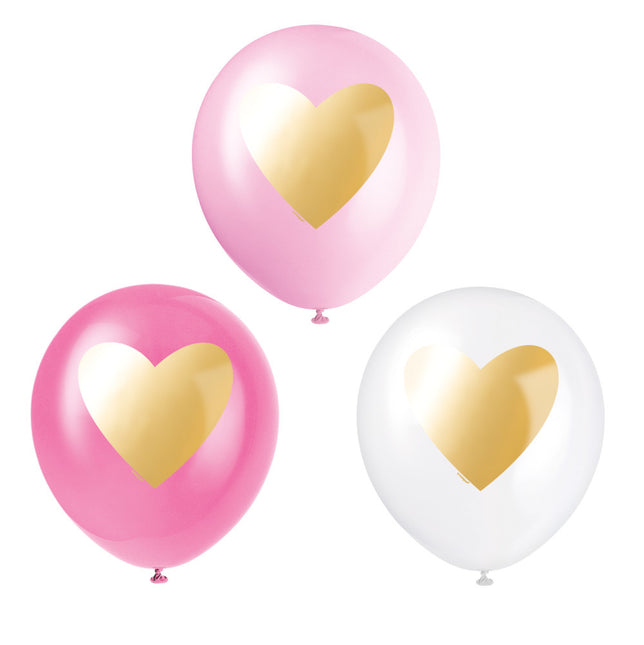 Ballons de baudruche rose avec coeur doré 30cm 6pcs
