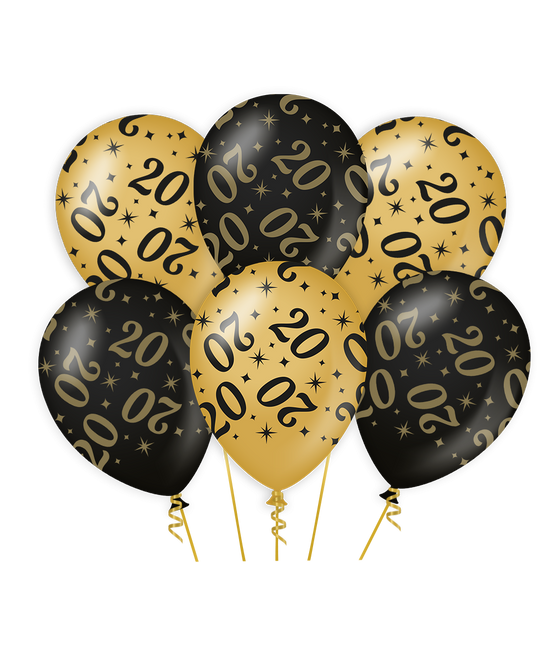 Ballons noirs dorés 20 ans 30cm 6pcs