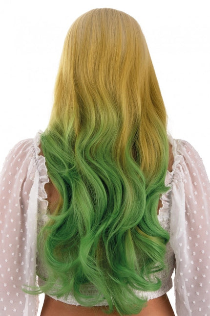 Perruque longue avec tresses et boucles blonde et verte