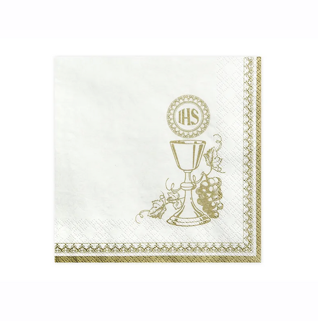 Serviettes de table Première Communion Ihs Or Blanc 33cm 20pcs