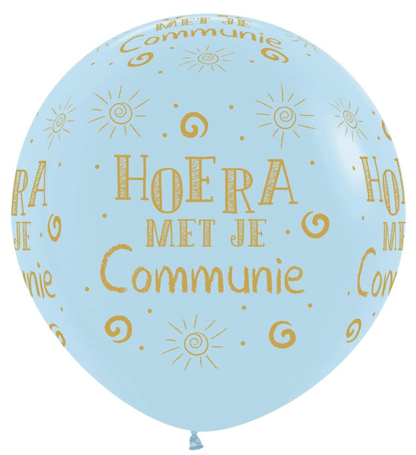 Ballons Hourra avec ta communion Bleu mat pastel 91cm 2pcs