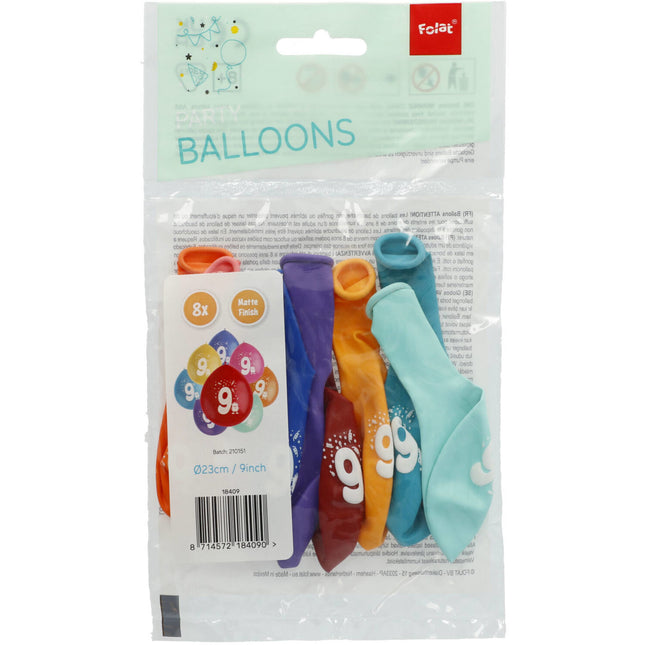 Ballons 9 ans colorés 23cm 8pcs