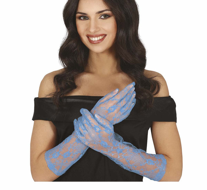 Gants bleu clair en dentelle 38cm