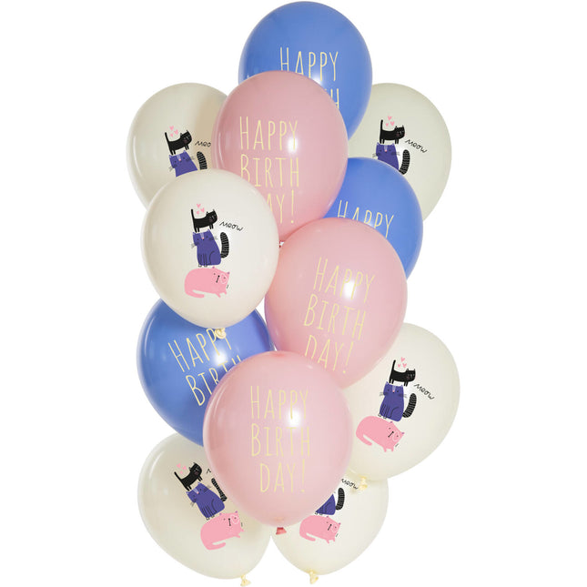 Ballons de baudruche Happy Birthday Cat 33cm 12pcs