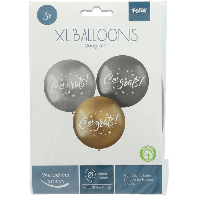 Ballons Congrats Noir Argent Or 48cm 3pcs
