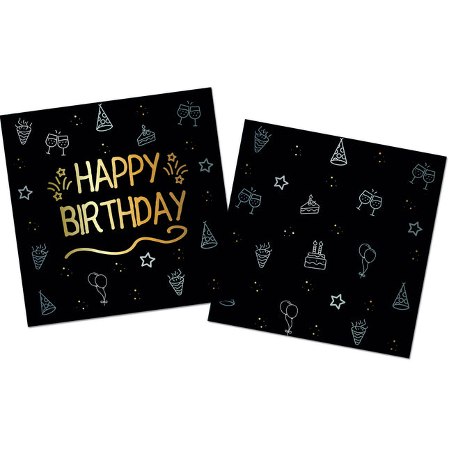 Serviettes de table Happy Birthday Noir Or 33cm 16pcs