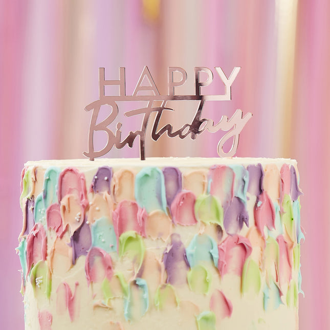 Décor de gâteau Happy Birthday en or rose Acrylique 12cm