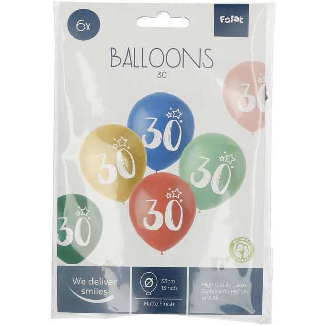 Ballons 30 ans colorés 33cm 6pcs