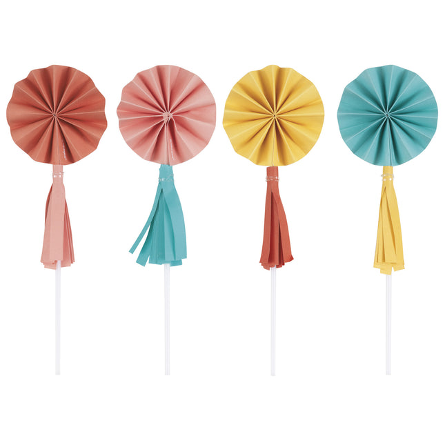 Décorations colorées pour petits gâteaux Mini éventail avec pompons 8pcs