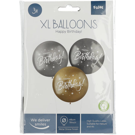 Ballons Happy Birthday Noir Argent Or 48cm 3pcs