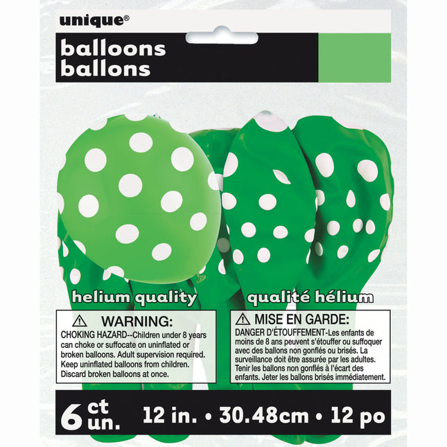 Ballons de baudruche vert tilleul à pois blancs 30cm 6pcs