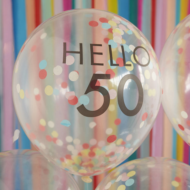 Ballons confettis transparents 50 ans 30cm 5pcs