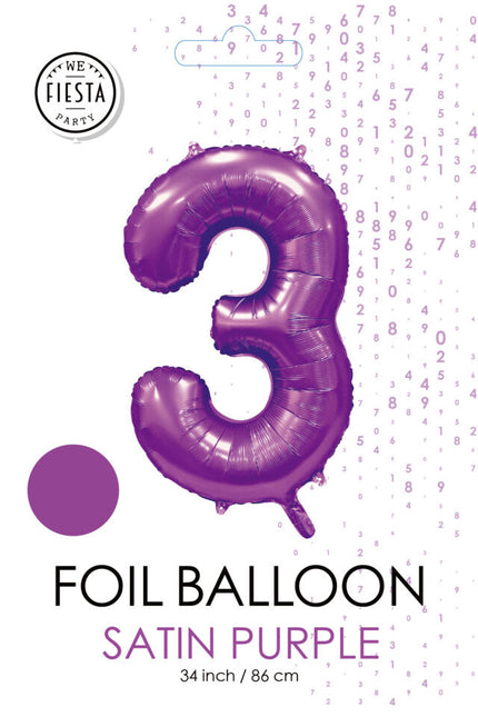 Ballon numéro violet 3 ans brillant 86cm