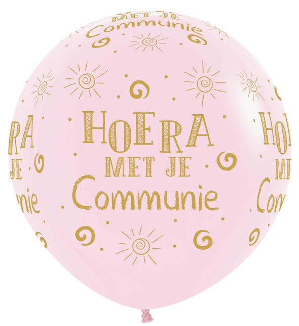 Ballons Hourra avec ta communion rose mat pastel 91cm 2pcs