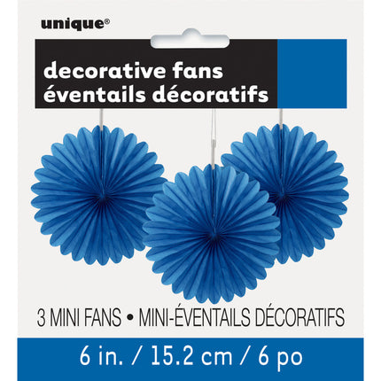 Eventails en papier bleu 15cm 3pcs