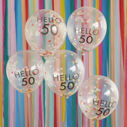 Ballons confettis transparents 50 ans 30cm 5pcs