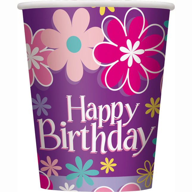 Tasses Happy Birthday Flowers 266ml 8pcs