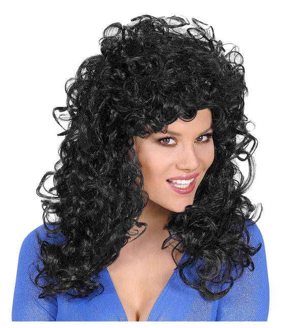 Perruque noire cheveux mi-longs bouclés