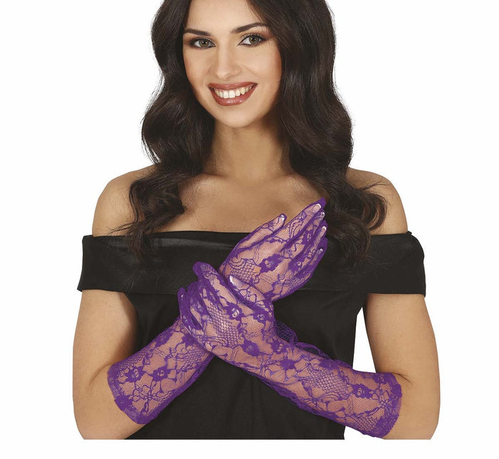 Gants violets en dentelle 38cm