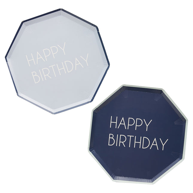 Assiettes Happy Birthday bleues 25cm 8pcs