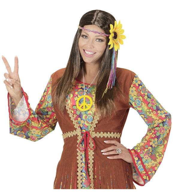 Perruque Hippie 60S brune avec bandeau en forme de tournesol