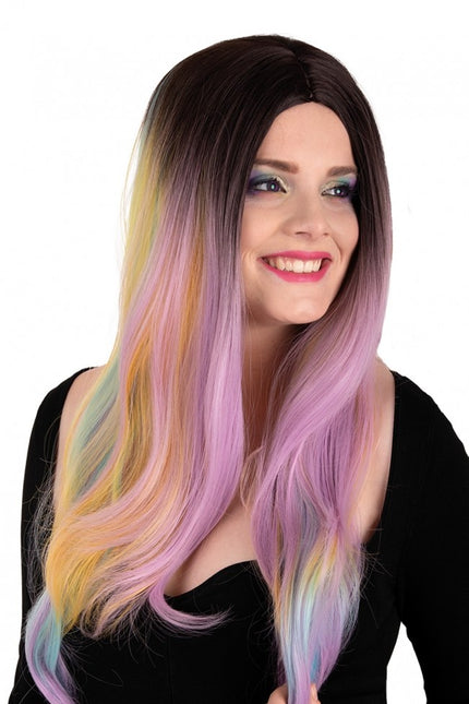 Perruque Selena longue avec boucles arc-en-ciel pastel