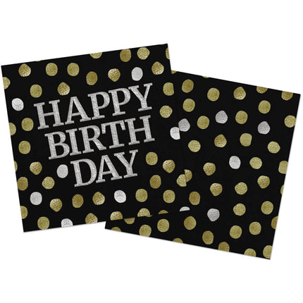 Serviettes de table Happy Birthday Noir 33cm 20pcs