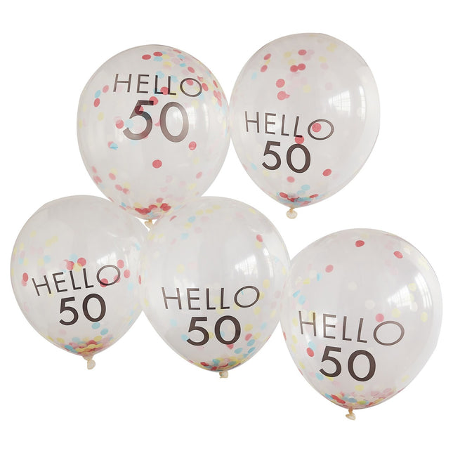 Ballons confettis transparents 50 ans 30cm 5pcs