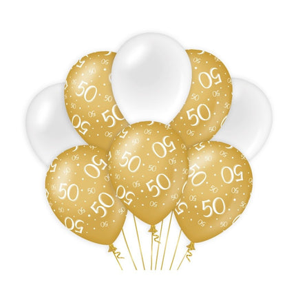 Ballons 50 ans or blanc 30cm 8pcs