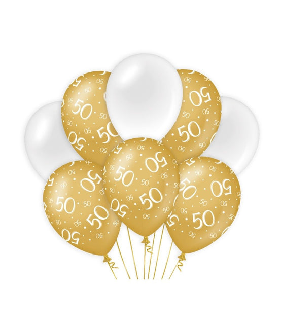 Ballons 50 ans or blanc 30cm 8pcs