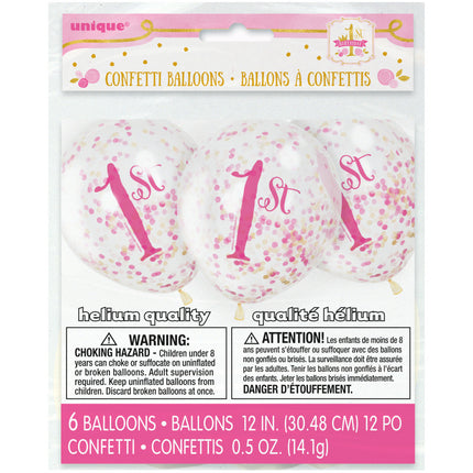 Ballons confettis 1 an rose 30cm 6pcs