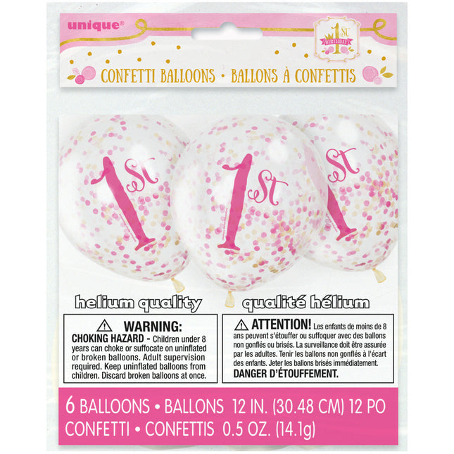 Ballons confettis 1 an rose 30cm 6pcs