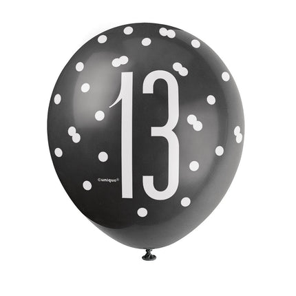 Ballons 13 ans Dots Black 30cm 6pcs