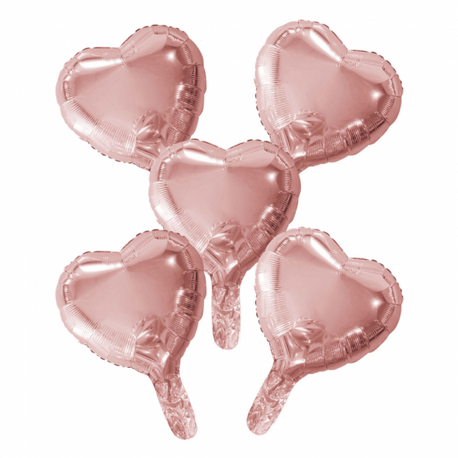 5 Ballons de baudruche en feuille d'aluminium avec coeur et paille en papier 9" rose doré