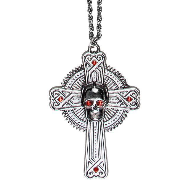 Collier Halloween Croix Pierres Rouges 28cm