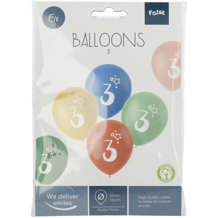 Ballons 3 ans colorés 33cm 6pcs