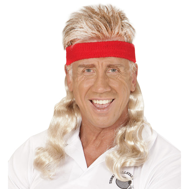 Sweatbands rouges avec cheveux blonds bouclés