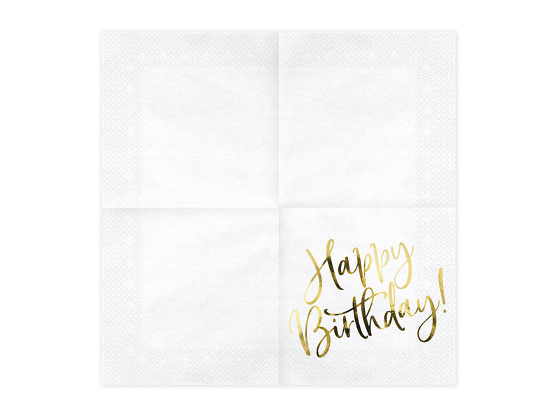 Serviettes blanches Happy Birthday 33cm 20pcs