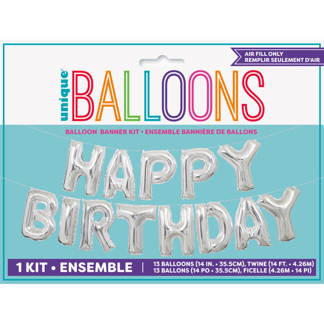 Ballon de baudruche Happy Birthday argenté vide 4.31m